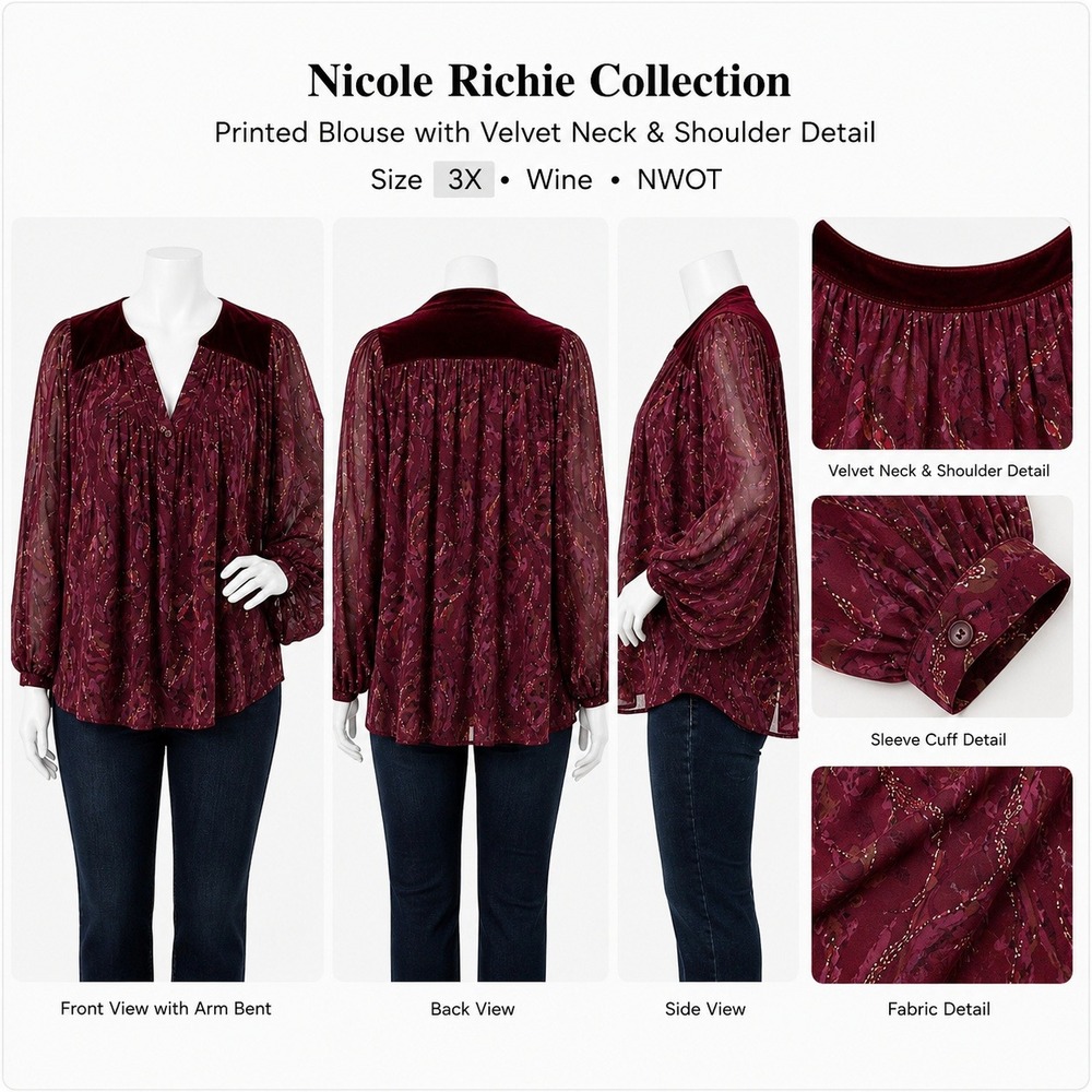 Nicole Richie Collection Wine Printed Velvet Trim Blouse Plus Size 3X NWOT